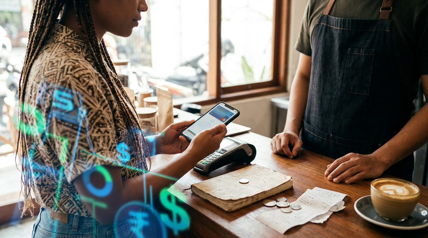 Transaksi digital di kafe dengan ilustrasi ikon e-wallet.