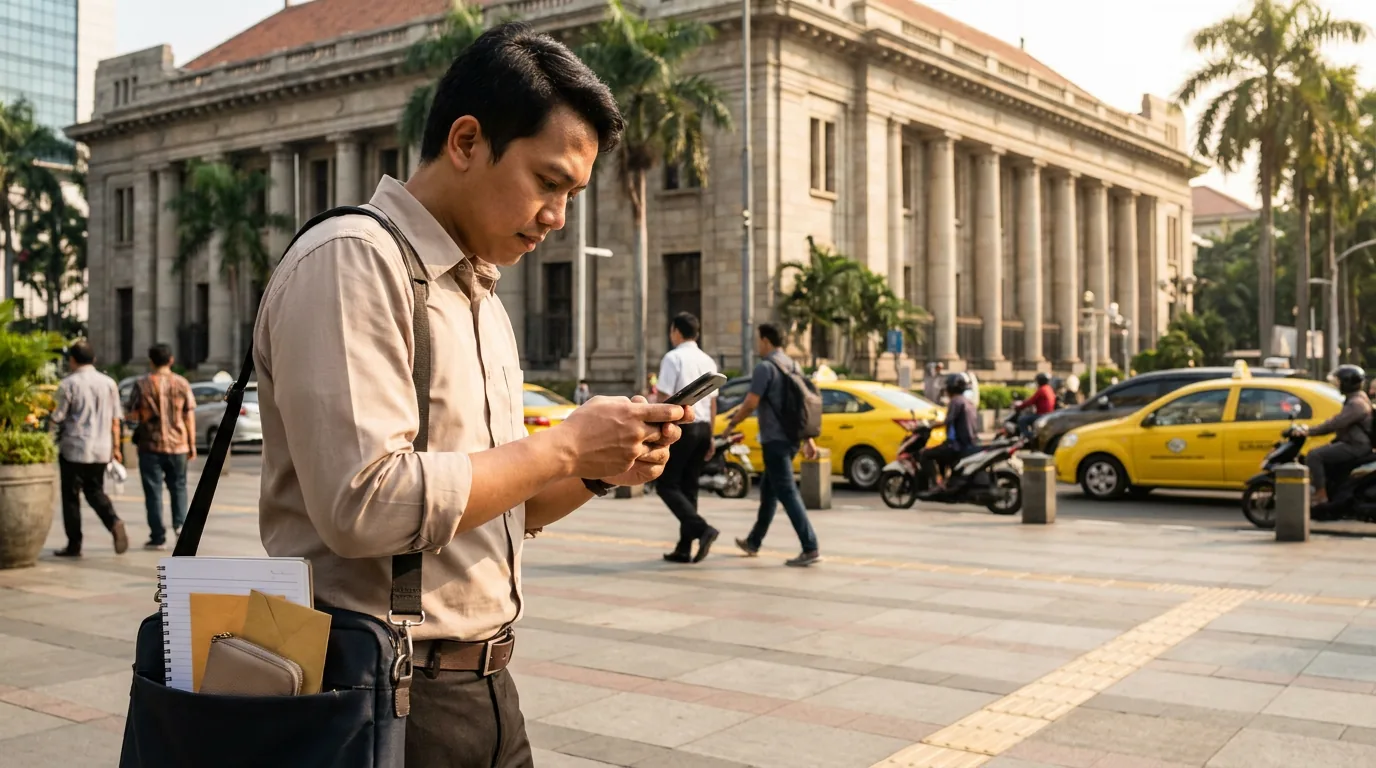 Seseorang berjalan menggunakan ponsel pintar di depan gedung bank konvensional yang megah di distrik bisnis Jakarta, melambangkan strategi diversifikasi rekening.