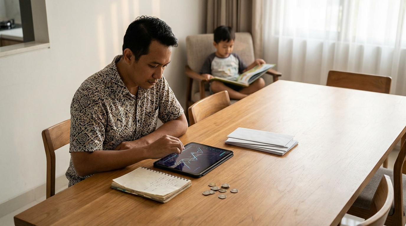 Orang tua di Indonesia sedang merencanakan dana pendidikan anak dengan melihat grafik keuangan di tablet.