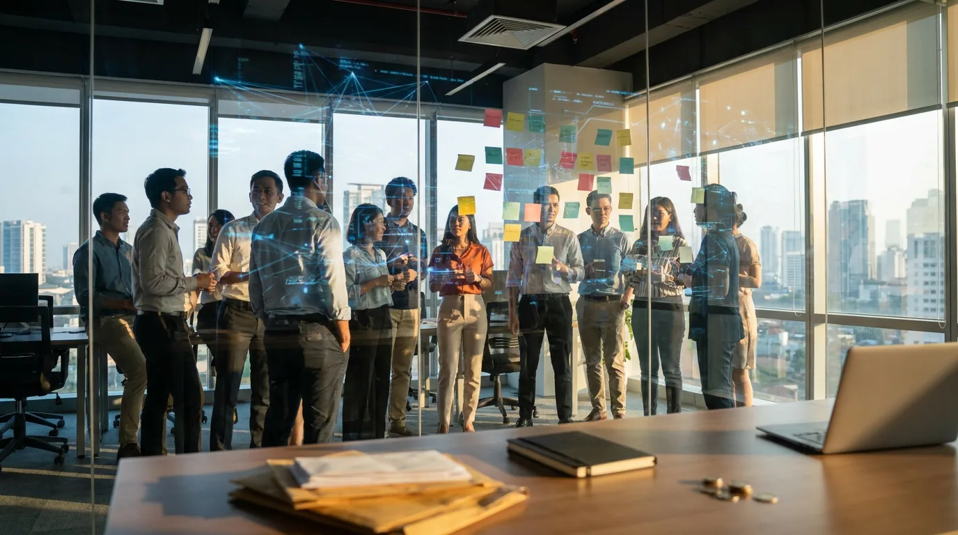 Sekelompok profesional Indonesia berkolaborasi di kantor startup teknologi modern dengan proyeksi grafik jaringan.