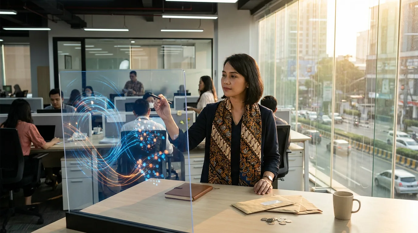 Manajer HRD di kantor modern Jakarta sedang menganalisis data digital abstrak yang melambangkan integrasi teknologi AI di dunia kerja.