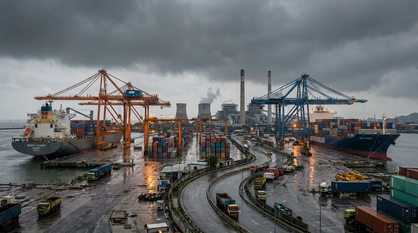 Suasana pelabuhan peti kemas dan area industri energi di Indonesia di bawah langit mendung, merepresentasikan tekanan berat pada sektor transportasi dan energi akibat pelemahan pasar.