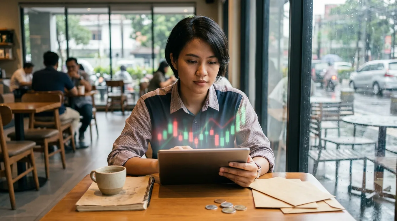 Seorang investor ritel muda Indonesia sedang menganalisis grafik pergerakan pasar saham yang fluktuatif melalui layar tablet dengan ekspresi serius.