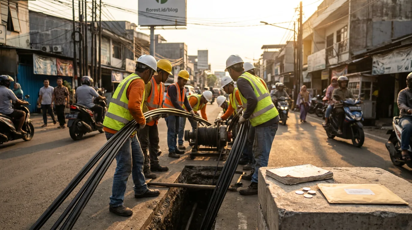 Pekerja konstruksi sedang memasang jaringan kabel fiber optik bawah tanah di area perkotaan Indonesia.
