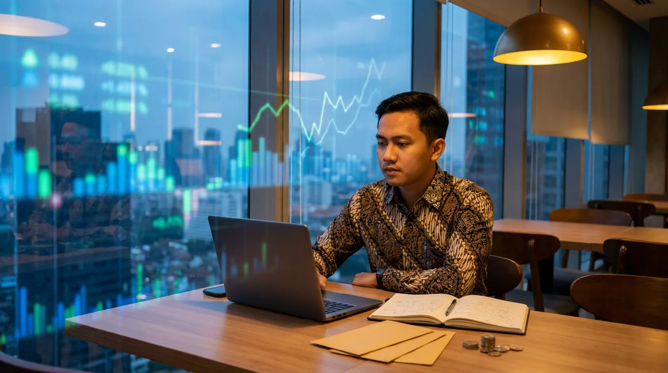 Ilustrasi seorang investor muda Indonesia sedang memantau grafik saham digital yang merepresentasikan tren investasi AI global dari sebuah kafe.