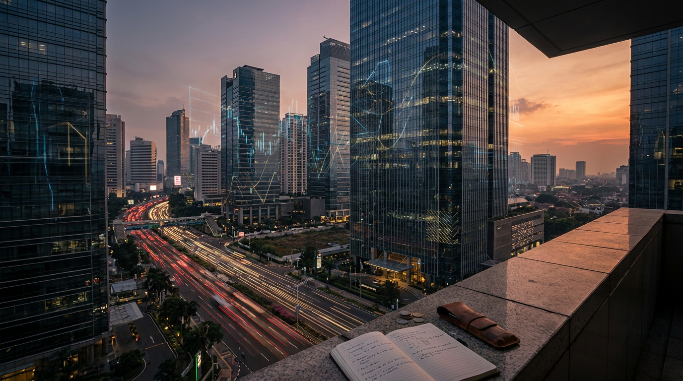 Pemandangan gedung pencakar langit di kawasan bisnis Jakarta dengan ilustrasi grafik keuangan abstrak yang melambangkan aliran modal investasi global.
