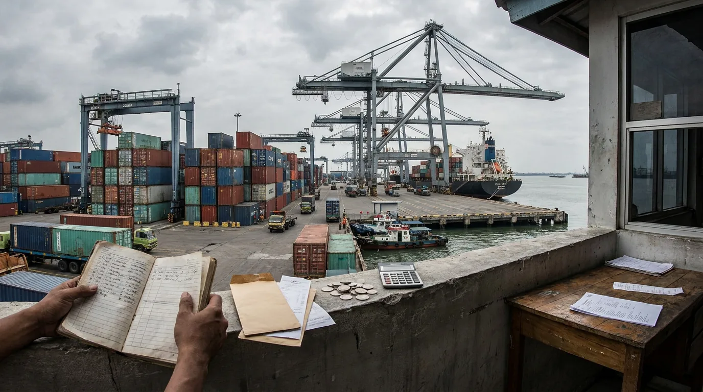 Tumpukan kontainer dan aktivitas kapal kargo di pelabuhan Indonesia, merepresentasikan rantai pasok logistik yang rentan terhadap ketegangan global.