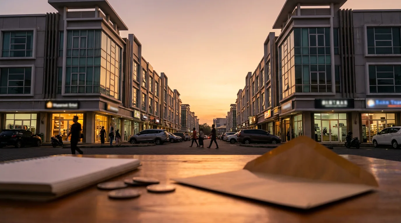 Deretan ruko komersial modern di Indonesia pada sore hari yang melambangkan investasi properti sewa yang stabil dan menguntungkan.