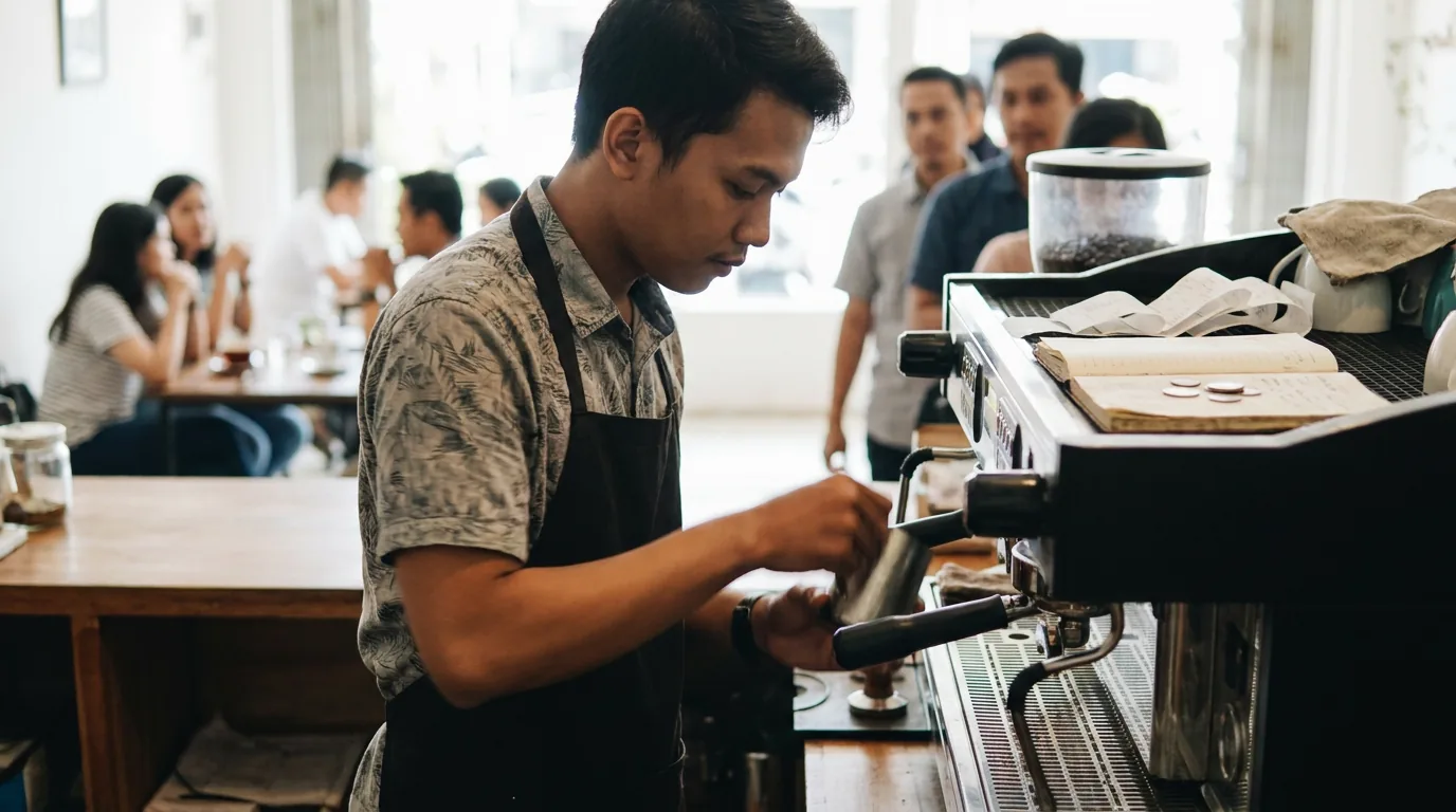 Seorang barista muda Indonesia yang sedang sibuk meracik kopi di kedai kopi lokal yang ramai, menggambarkan tren pekerjaan paruh waktu di sektor F&B.