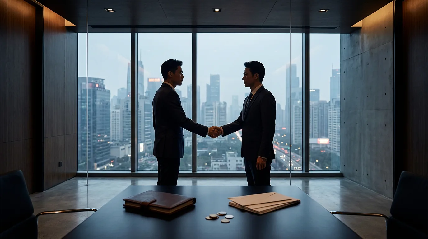 Siluet dua eksekutif bisnis bersalaman di ruang rapat modern berlatar pemandangan kota metropolitan, melambangkan merger perusahaan raksasa.