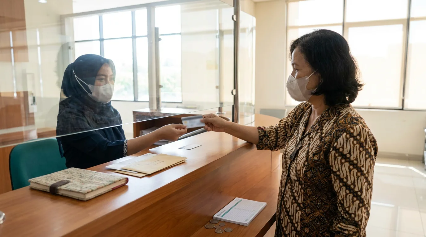 Seorang konsumen Indonesia sedang menyerahkan kartu kesehatan di meja administrasi rumah sakit modern, merepresentasikan penggunaan asuransi di kehidupan nyata.