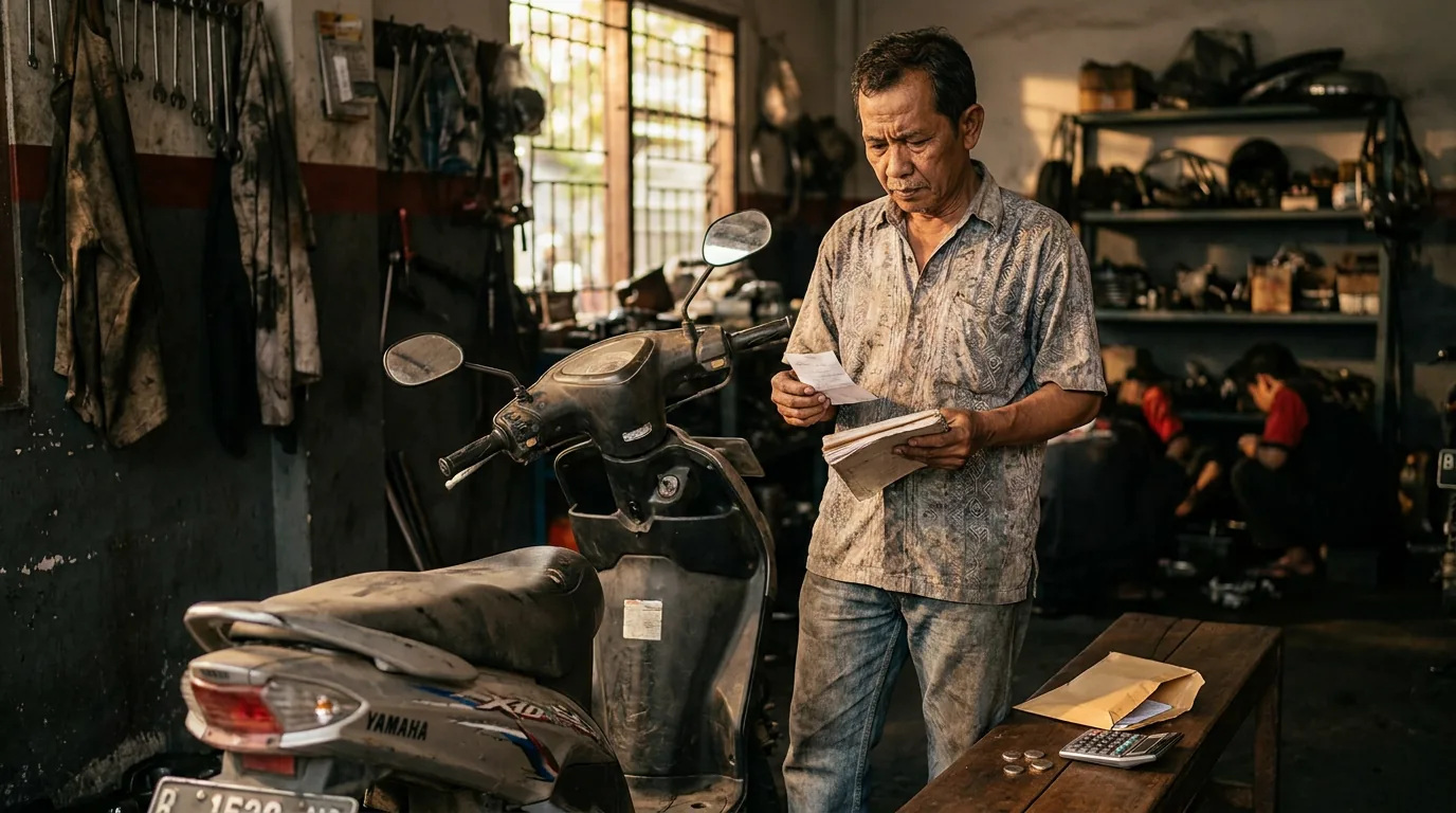 Seseorang sedang mengevaluasi tagihan biaya perbaikan motor lamanya di bengkel untuk memutuskan apakah sudah saatnya membeli motor baru.