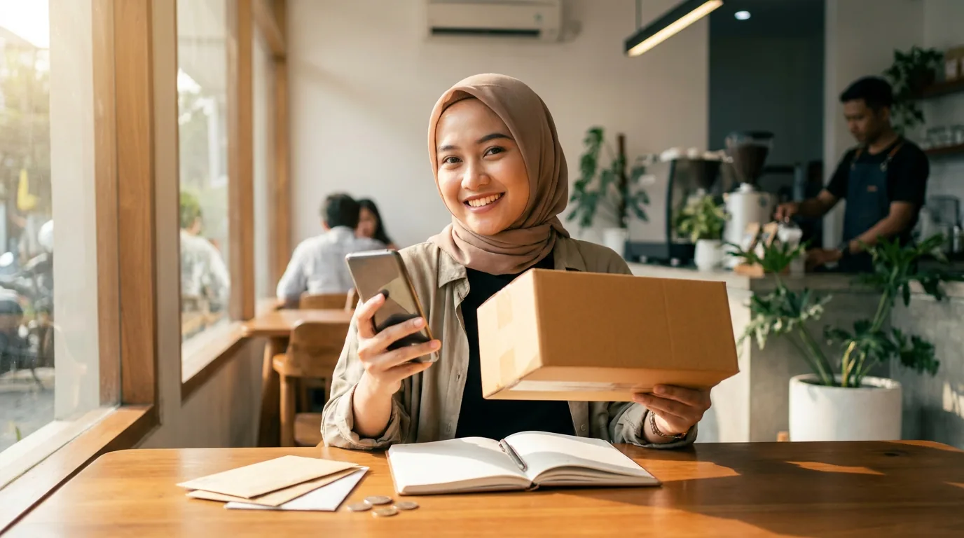 Seorang konsumen kelas menengah di Indonesia sedang berbelanja online dan menerima paket, menggambarkan perubahan gaya hidup dan tingginya penetrasi e-commerce.