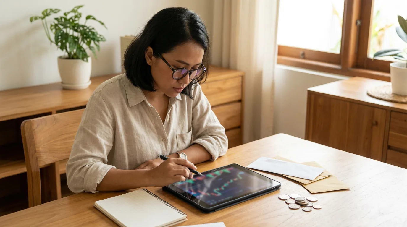 Seorang profesional di Indonesia sedang serius mengevaluasi kondisi keuangan pribadi dan arus kas melalui tablet sebagai langkah antisipasi.