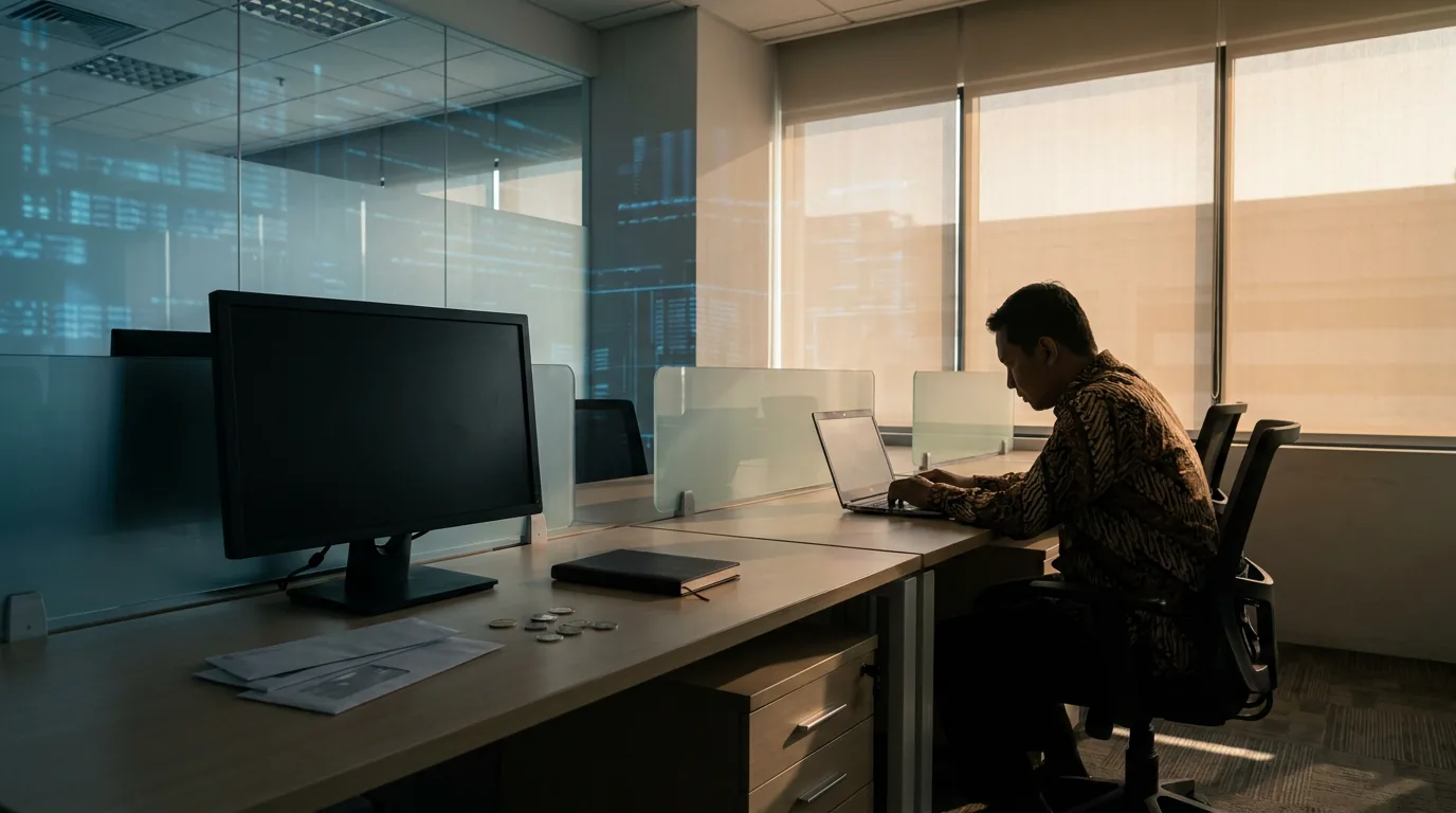Suasana kantor teknologi modern di Jakarta dengan meja kosong yang melambangkan ancaman pemutusan hubungan kerja akibat otomatisasi AI.