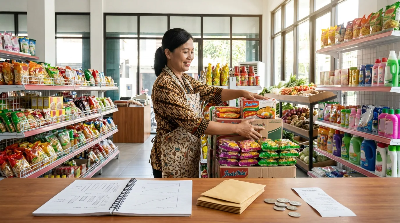 Pemilik UMKM di Indonesia sedang menyusun stok barang baru sebagai bentuk ekspansi usaha berkat kemudahan akses pembiayaan.