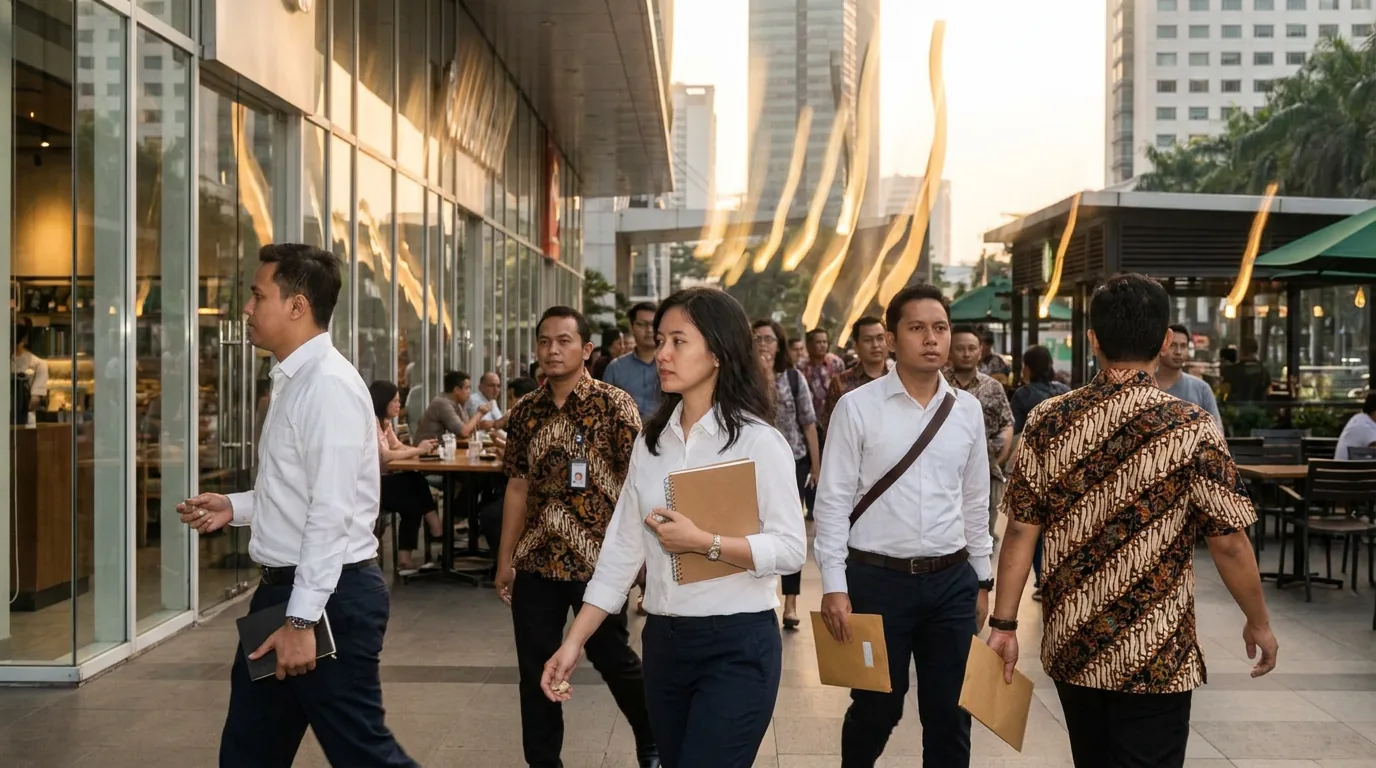 Suasana kawasan komersial yang sibuk di Indonesia melambangkan pertumbuhan kredit perbankan dan ekspansi ekonomi.