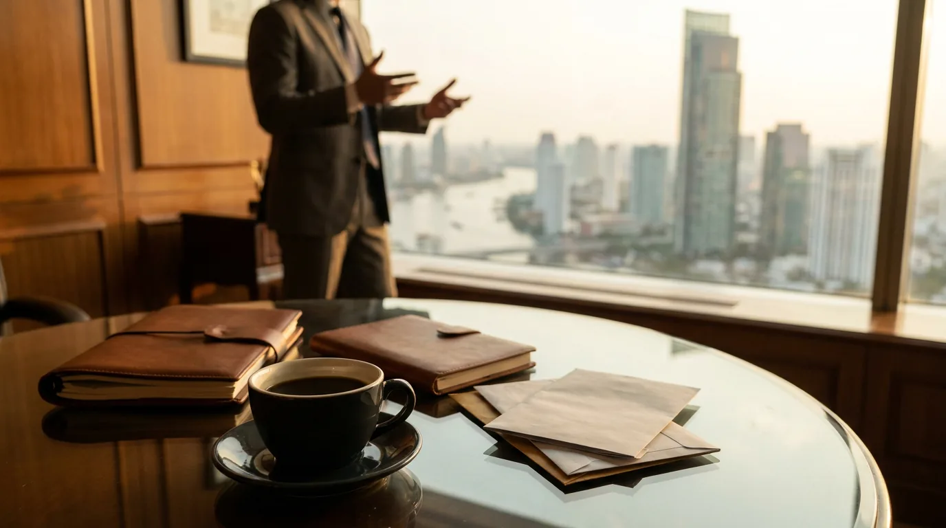 Suasana kantor private banking mewah dengan pemandangan gedung pencakar langit modern di Asia Tenggara saat matahari terbenam.