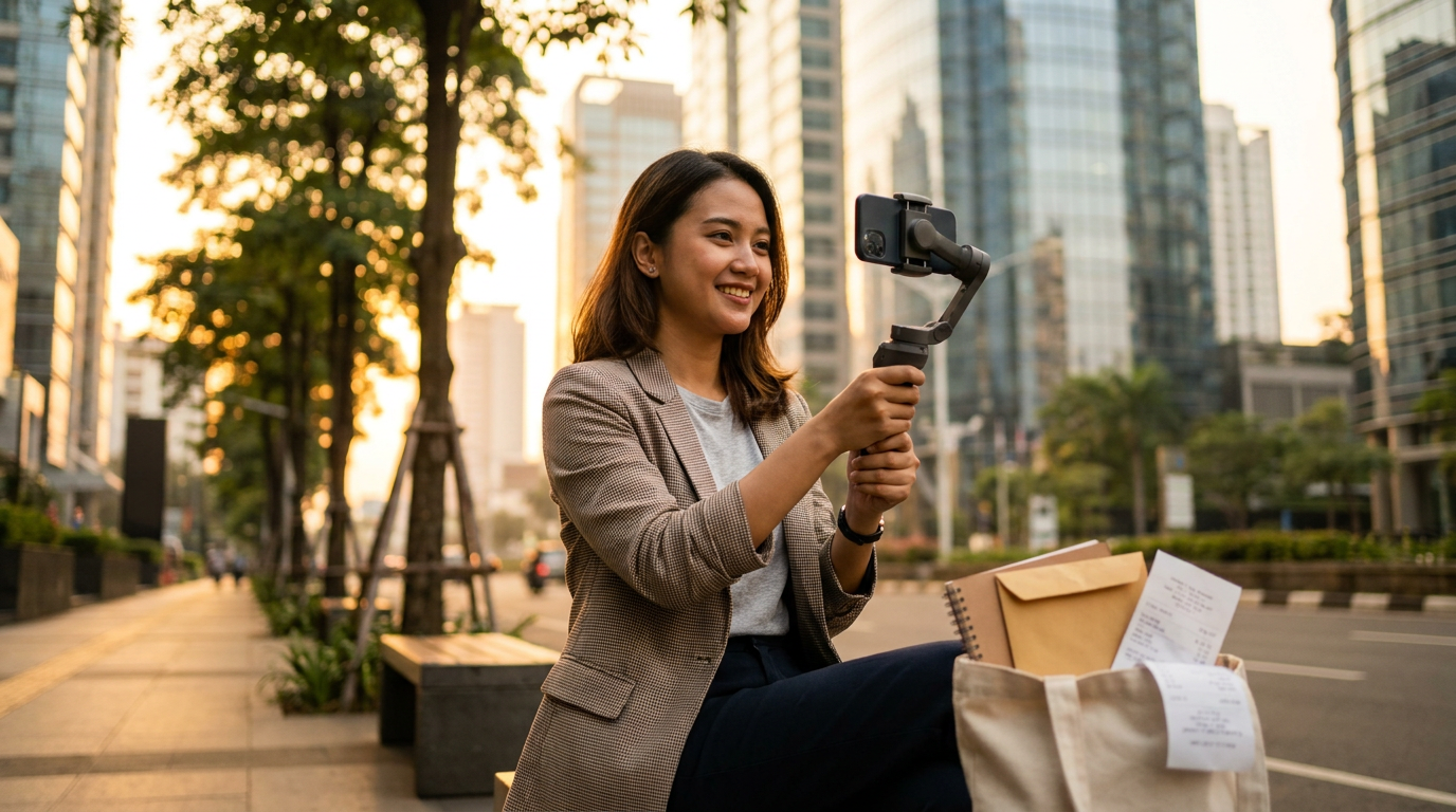 Seorang pekerja kantoran wanita di kawasan SCBD Jakarta sedang merekam vlog menggunakan smartphone, menggambarkan transisi karier menjadi kreator konten.