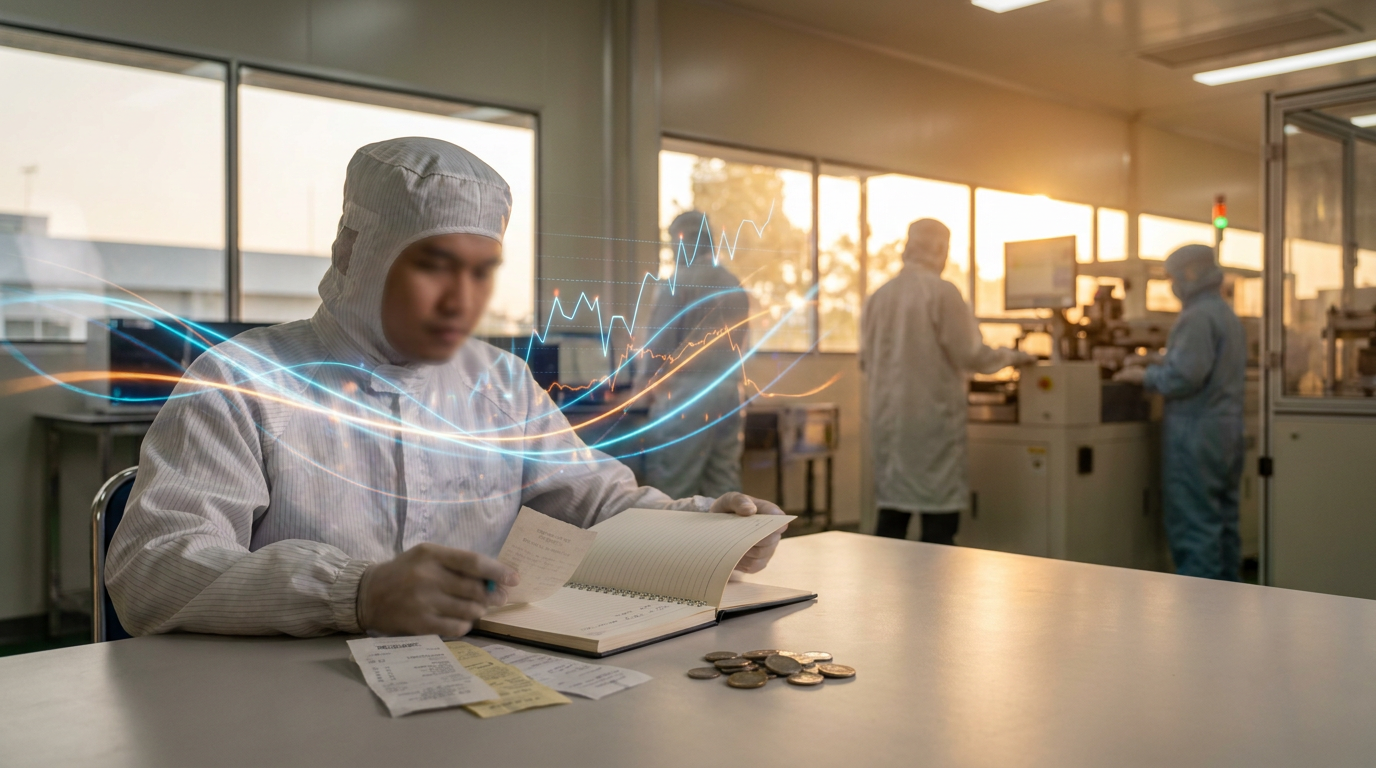 Suasana pabrik perakitan teknologi modern dengan proyeksi data finansial bercahaya, merepresentasikan valuasi sektor teknologi dan AI yang sedang fluktuatif.