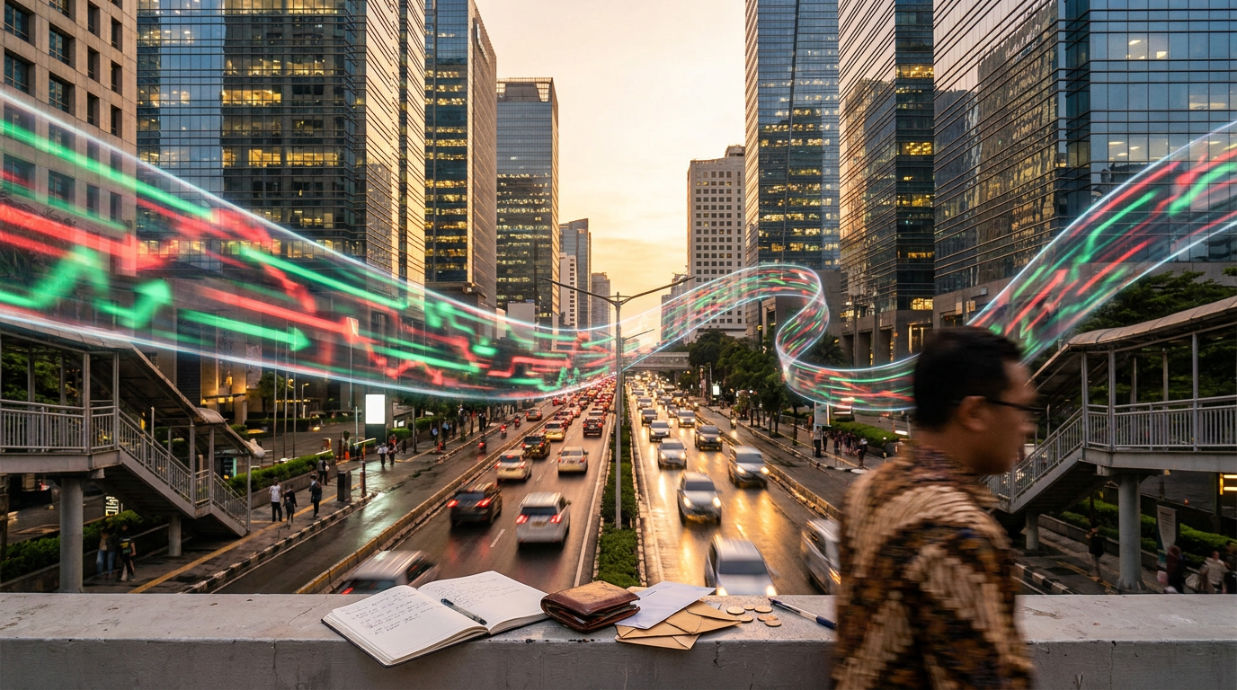 Gedung pencakar langit di kawasan bisnis Jakarta dengan efek visual grafik saham yang fluktuatif, menggambarkan dampak volatilitas pasar global terhadap investor di Indonesia.