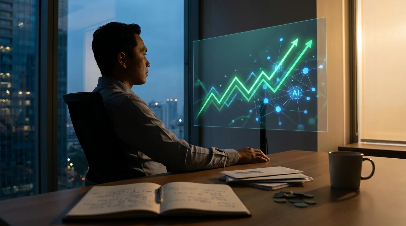 Papan saham digital abstrak dengan garis tren naik dan elemen teknologi kecerdasan buatan yang diamati oleh profesional di kantor Jakarta.