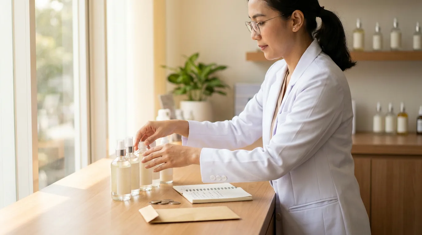 Dokter kulit sedang menyusun produk perawatan kulit klinis di meja klinik kecantikan yang modern.