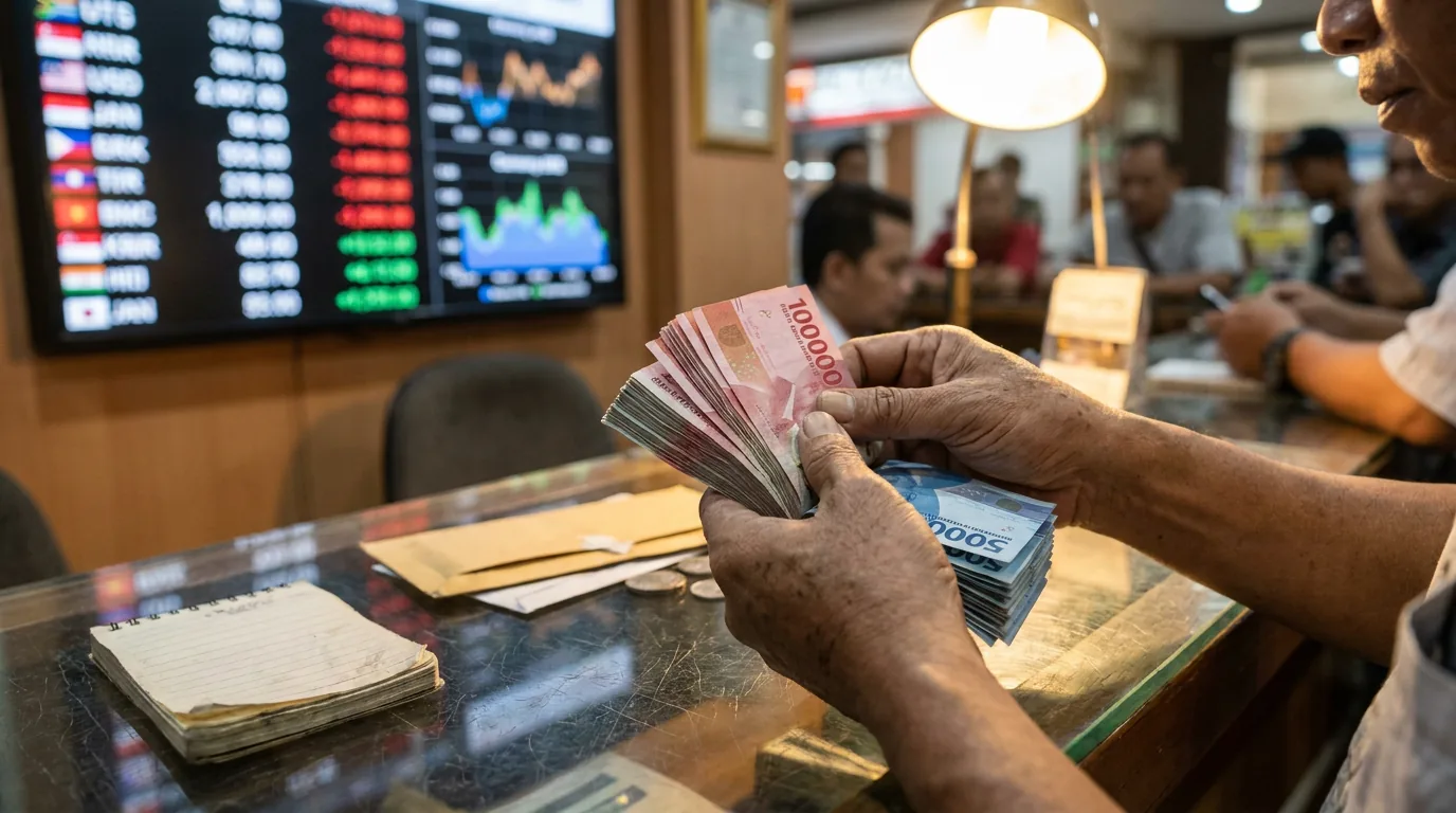 Transaksi penukaran uang Rupiah di money changer lokal sebagai gambaran dampak pengetatan kebijakan moneter terhadap nilai tukar dan biaya pinjaman.