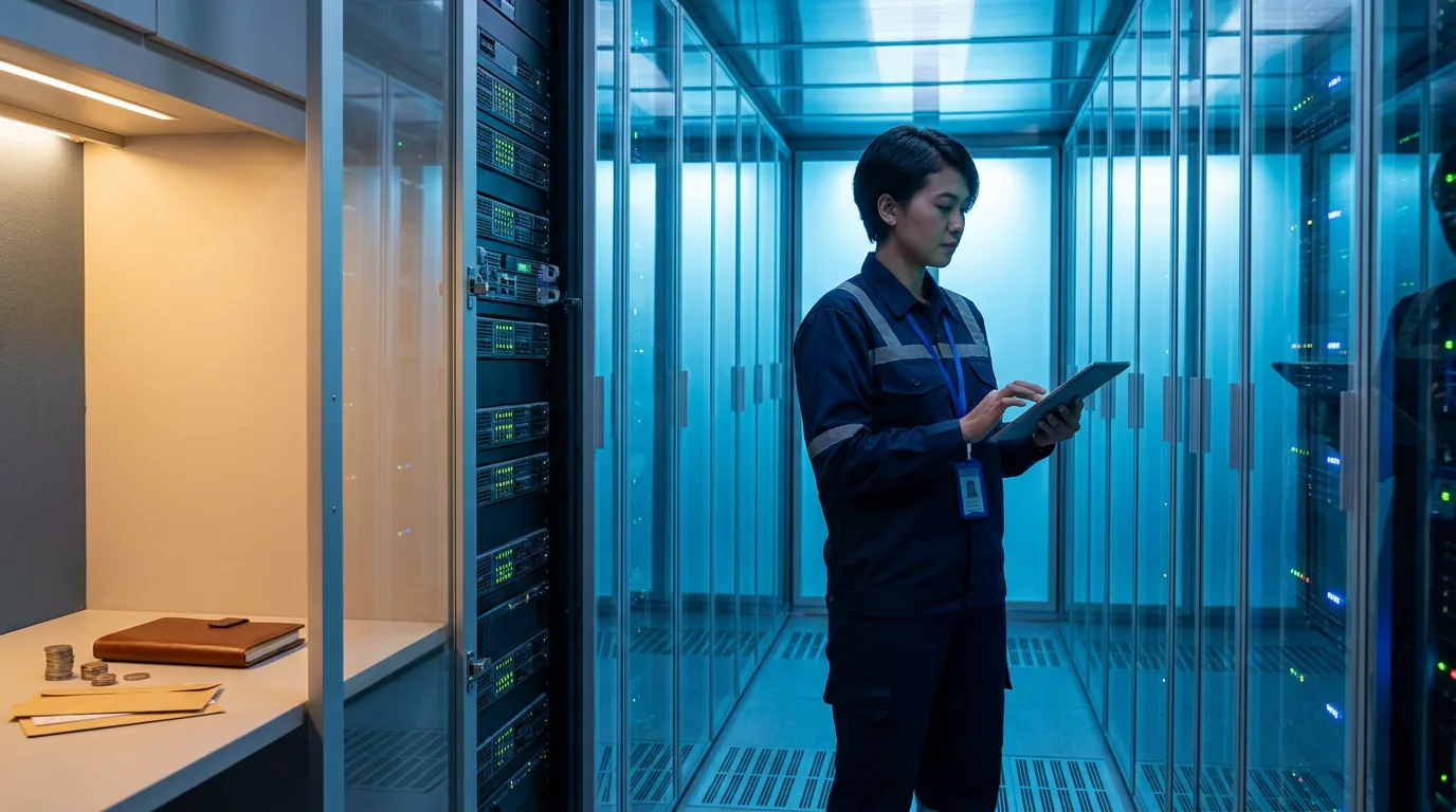 Teknisi IT Indonesia sedang memeriksa rak server di pusat data modern yang melambangkan besarnya investasi infrastruktur kecerdasan buatan.