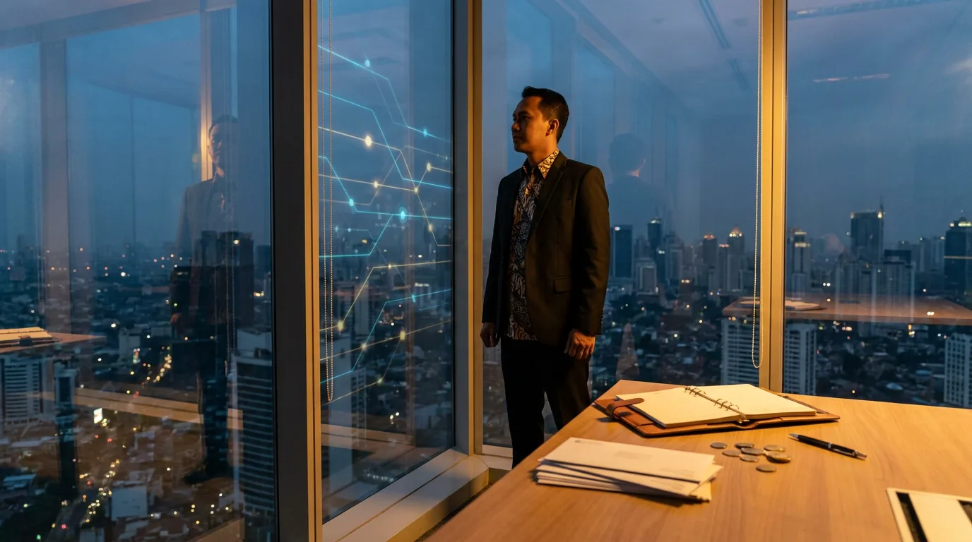 Pekerja profesional menatap pemandangan kota Jakarta dari gedung pencakar langit dengan bayangan jaringan digital AI di kaca jendela.