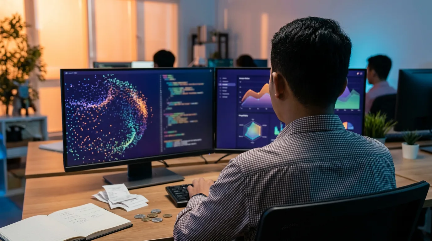 Insinyur data di Indonesia sedang menganalisis grafik dan struktur kode pada layar monitor ganda di kantor modern.
