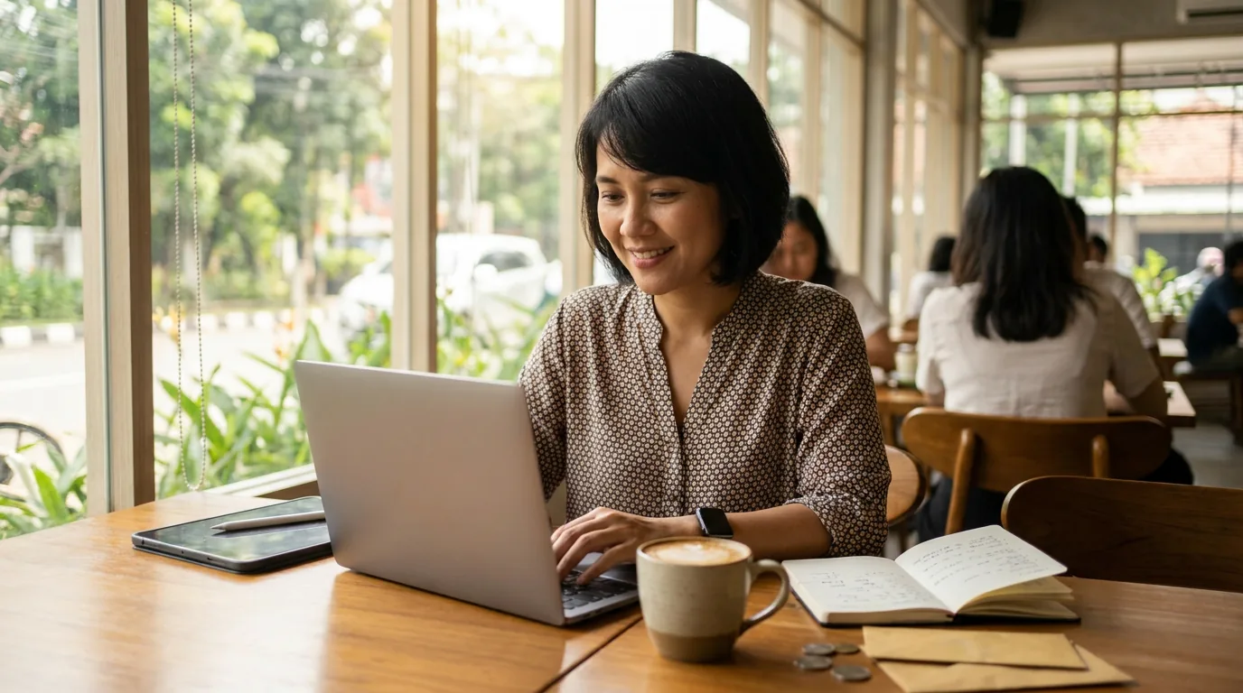 Pekerja lepas Indonesia yang fokus bekerja menggunakan laptop di kafe modern yang terang, mewakili adaptasi karir di era AI.
