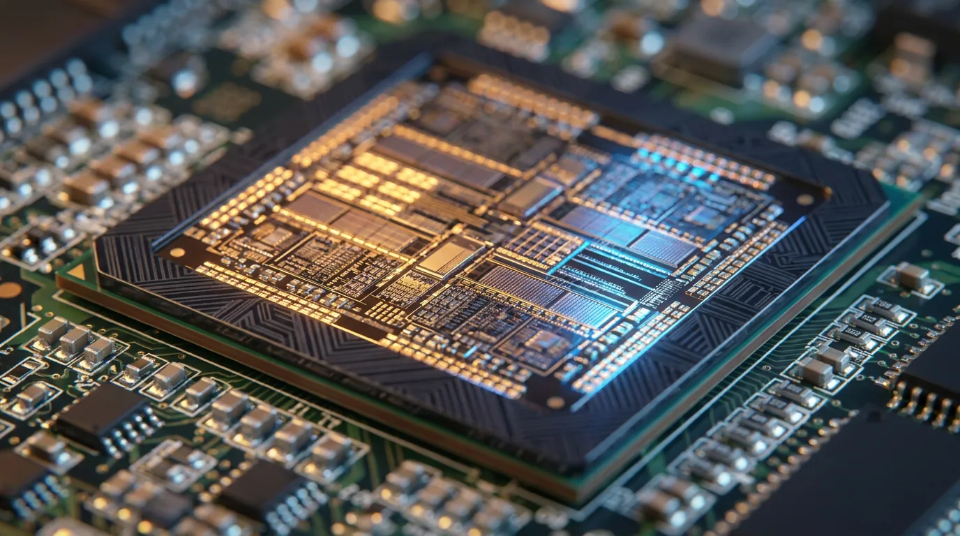 Foto makro jarak dekat dari sebuah chip semikonduktor canggih yang menyala terang, mewakili tingginya valuasi dan investasi masif di infrastruktur kecerdasan buatan.