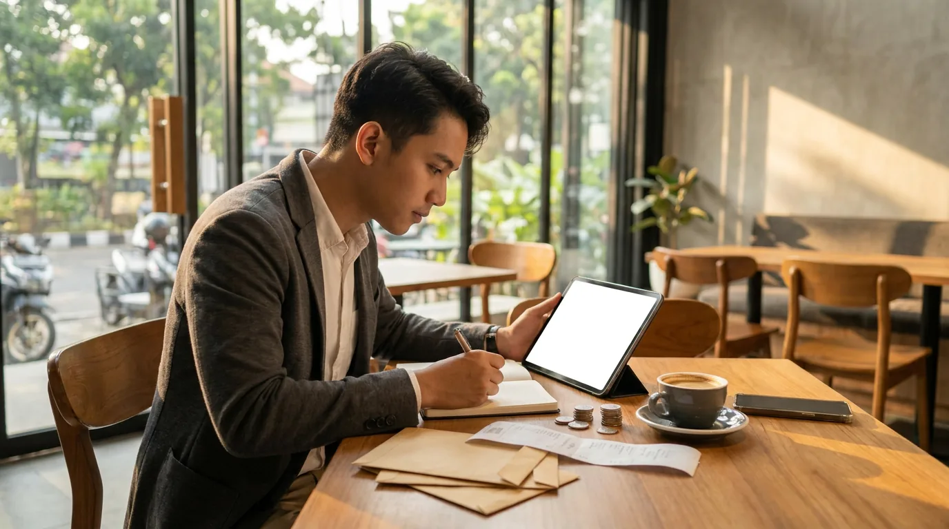 Seorang pekerja lepas di Indonesia sedang fokus mencatat dan mengatur anggaran keuangannya di sebuah kafe, merencanakan pengeluaran untuk kebutuhan gadget dan teknologi.