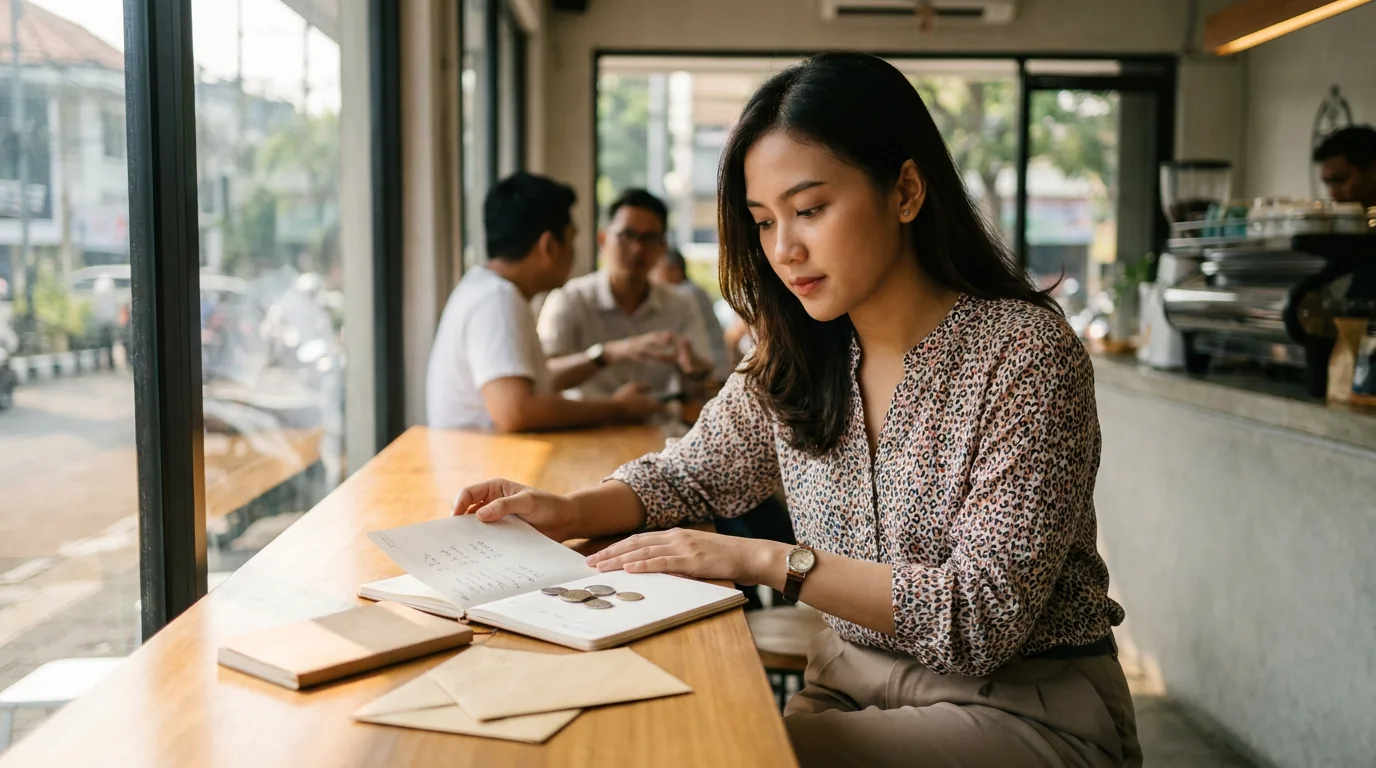 Seorang profesional muda Indonesia sedang melihat deretan laptop premium di sebuah toko elektronik modern, menggambarkan dampak tren teknologi AI pada harga gadget konsumen.