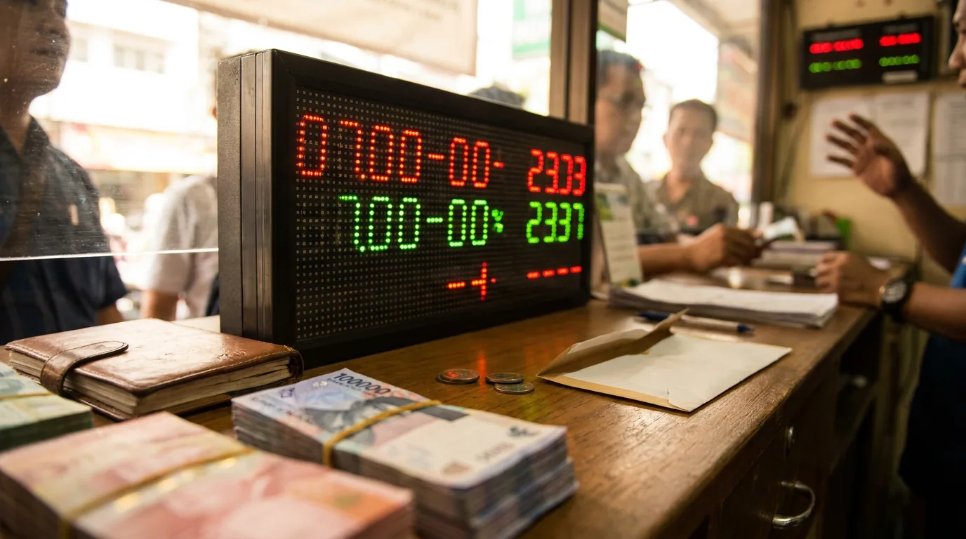 Papan penukaran mata uang asing dan tumpukan uang rupiah yang menunjukkan fluktuasi nilai tukar akibat pergerakan arus modal asing.