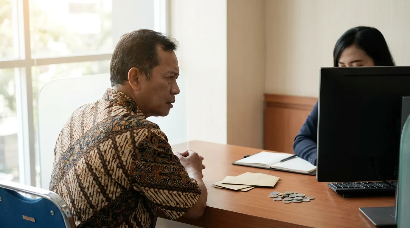 Seorang nasabah sedang berdiskusi serius dengan petugas bank mengenai penyesuaian suku bunga pinjaman di kantor cabang.